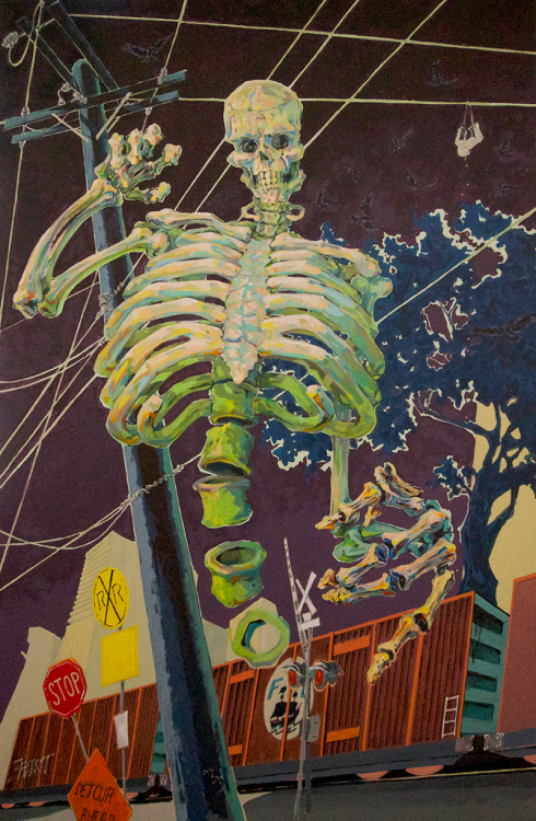 Artist Niko Yulis’ painting entitled “The Art of the Deal” made using acrylic on a wood panel. The painting is a nod to the questionable deals made in the dark by powerful people. (Photo by Niko Yulis)