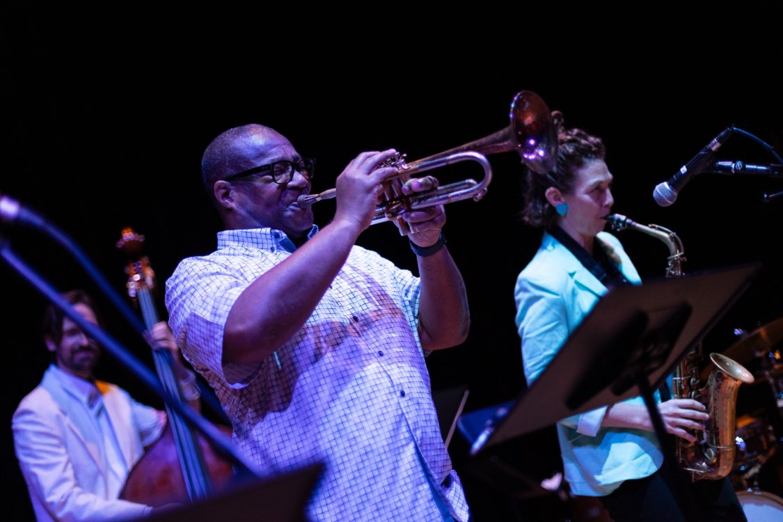 The Jazz at Lincoln Center concert will honor the music of legendary trumpeter and vocalist Louis Armstrong. Pictured are Rob Adkins on bass, Pharez Whitted on trumpet and Aurora Nealand on saxophone. (Photo by Taylor Brown, courtesy of the Adrienne Arsht Center)