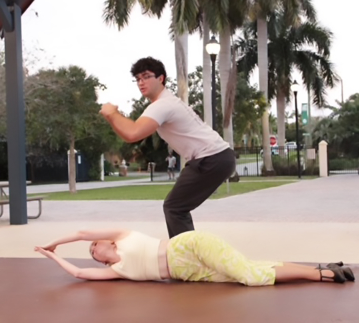 Nicole Hulett and Giannini Palermo rehearse “A Funny Thing Happened on the Way to the Forum” at Mickel Park in Wilton Manors. Six nights of free theater due to a collaboration between the City of Wilton Manors and Plays of Wilton. (Photo courtesy of Jack Stein)