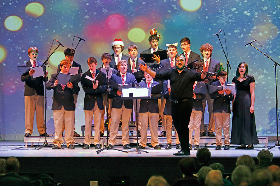 Florida Singing Sons members, led by associate director and music theory instructor Malcolm Rogers, performing at a holiday concert for the residents at John Knox Village in December of 2024. (Photo by John Knox Village)