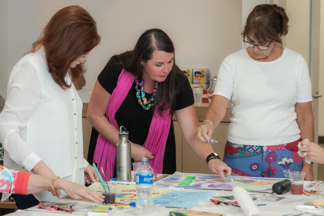 Art educator and mindfulness instructor Lark Keeler, center, leads the Creativity Exploration workshops at NSU Art Museum (Photo courtesy of NSU Art Museum Fort Lauderdale).