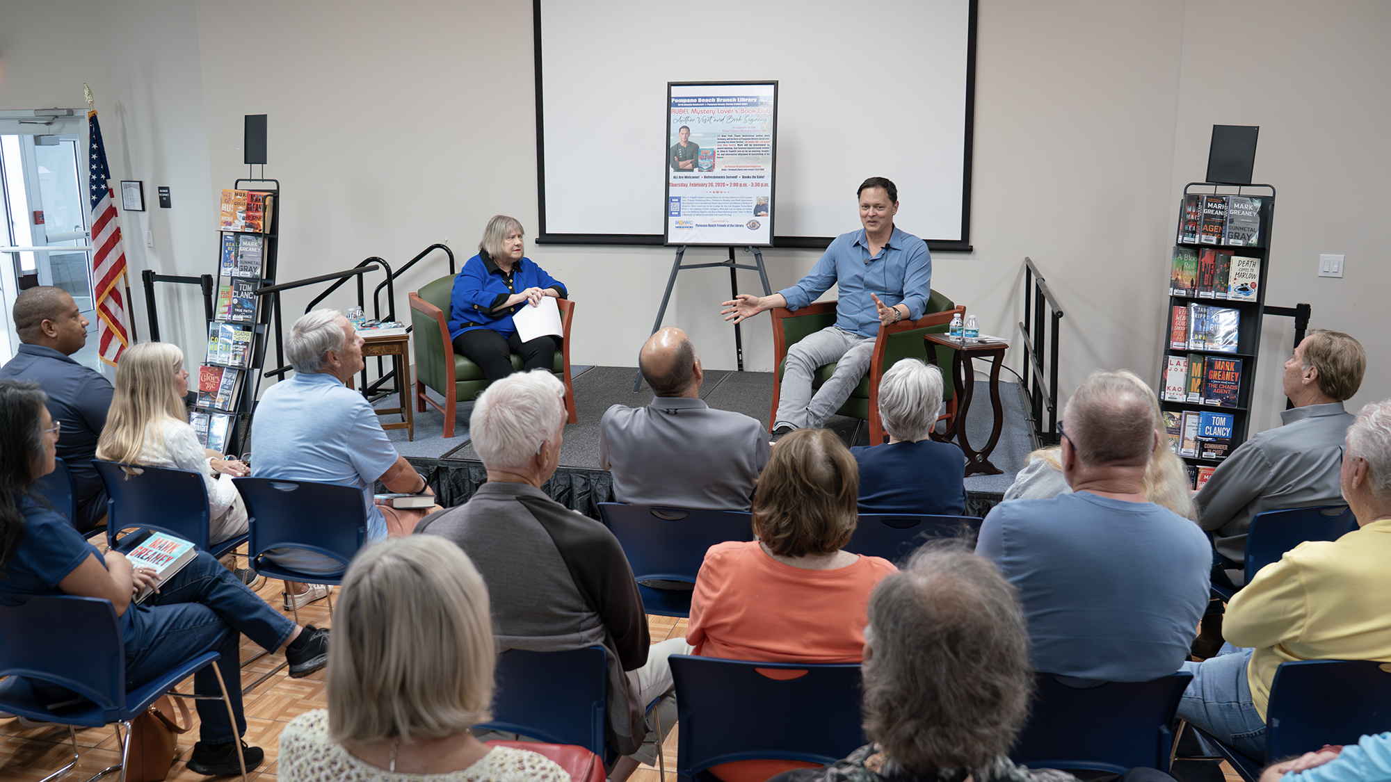 Author Mark Greaney giving an author talk at Pompano Beach Branch Library; experience engaging author talks and books clubs during Literacy Month at Broward Libraries (Photo by Jon Reino, courtesy of Broward 