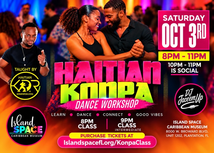 Haitian Konpa Dance Class promotional flyer featuring a lively Caribbean-inspired design and images of dancers. The flyer promotes an evening of Haitian Konpa dancing at Island SPACE Caribbean Museum, with separate beginner and intermediate classes follow