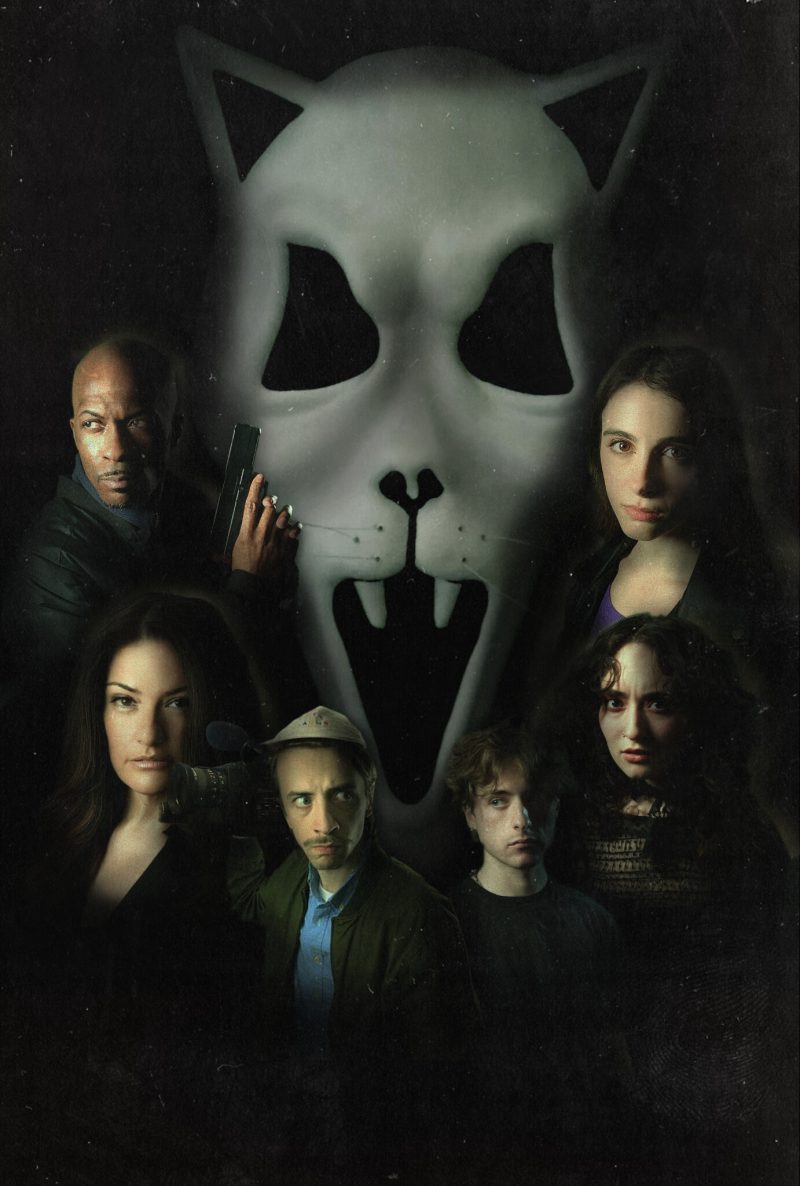 A dark horror collage featuring a large white cat-like mask looming behind six characters, including a man holding a handgun and a woman holding a video camera.