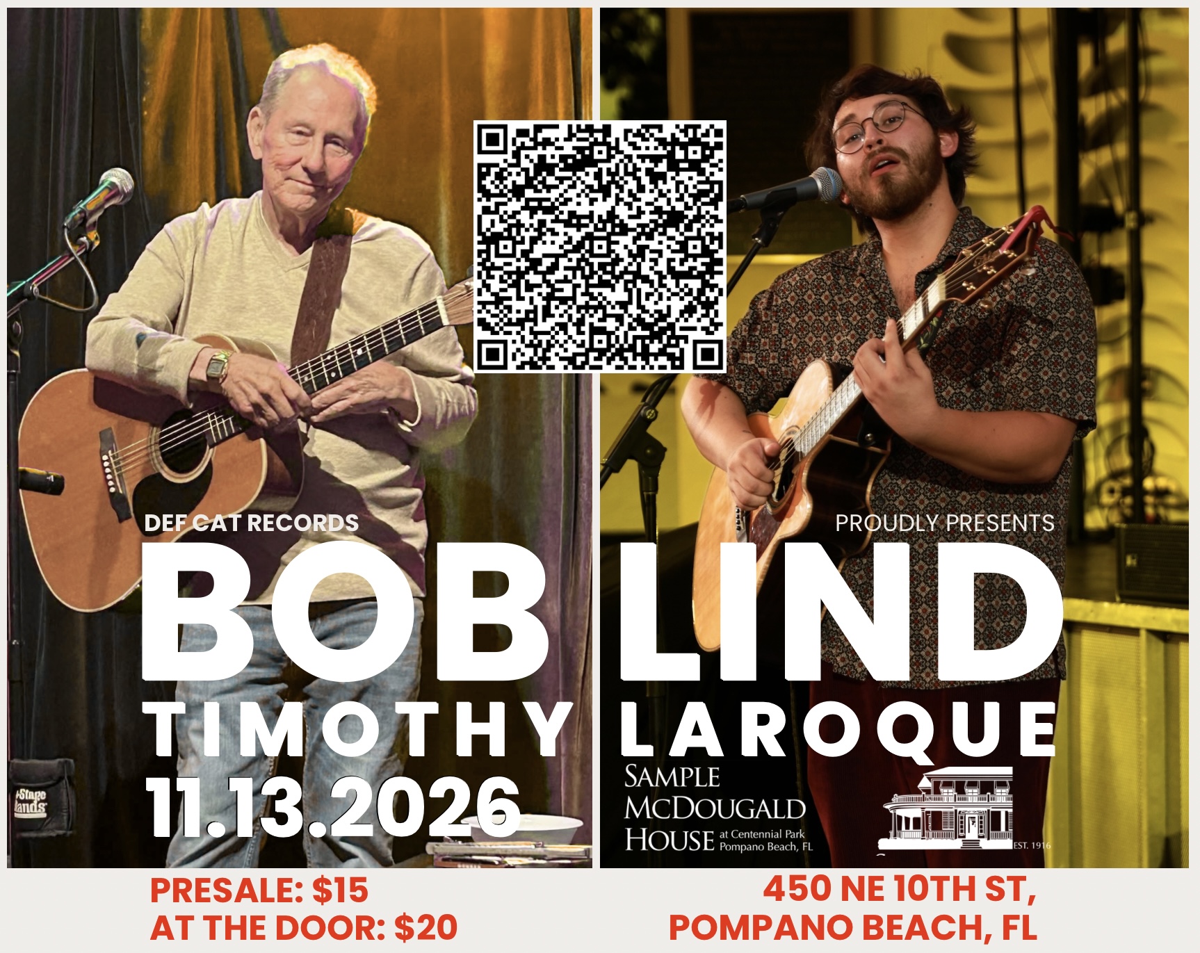 Def Cat Records presents Bob Lind and Timothy LaRoque concert poster, November 13, 2026, at Sample McDougald House in Pompano Beach