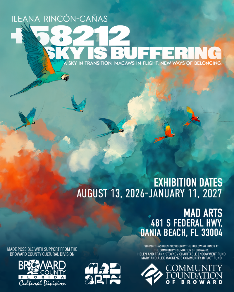 Immersive art installation with projected blue-and-yellow macaws, digital imagery, and a fragmented sky.