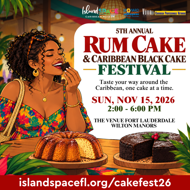 5th Annual Rum Cake & Caribbean Black Cake Festival poster. Sun, Nov 15, 2026, 2-6 PM at The Venue Fort Lauderdale Wilton